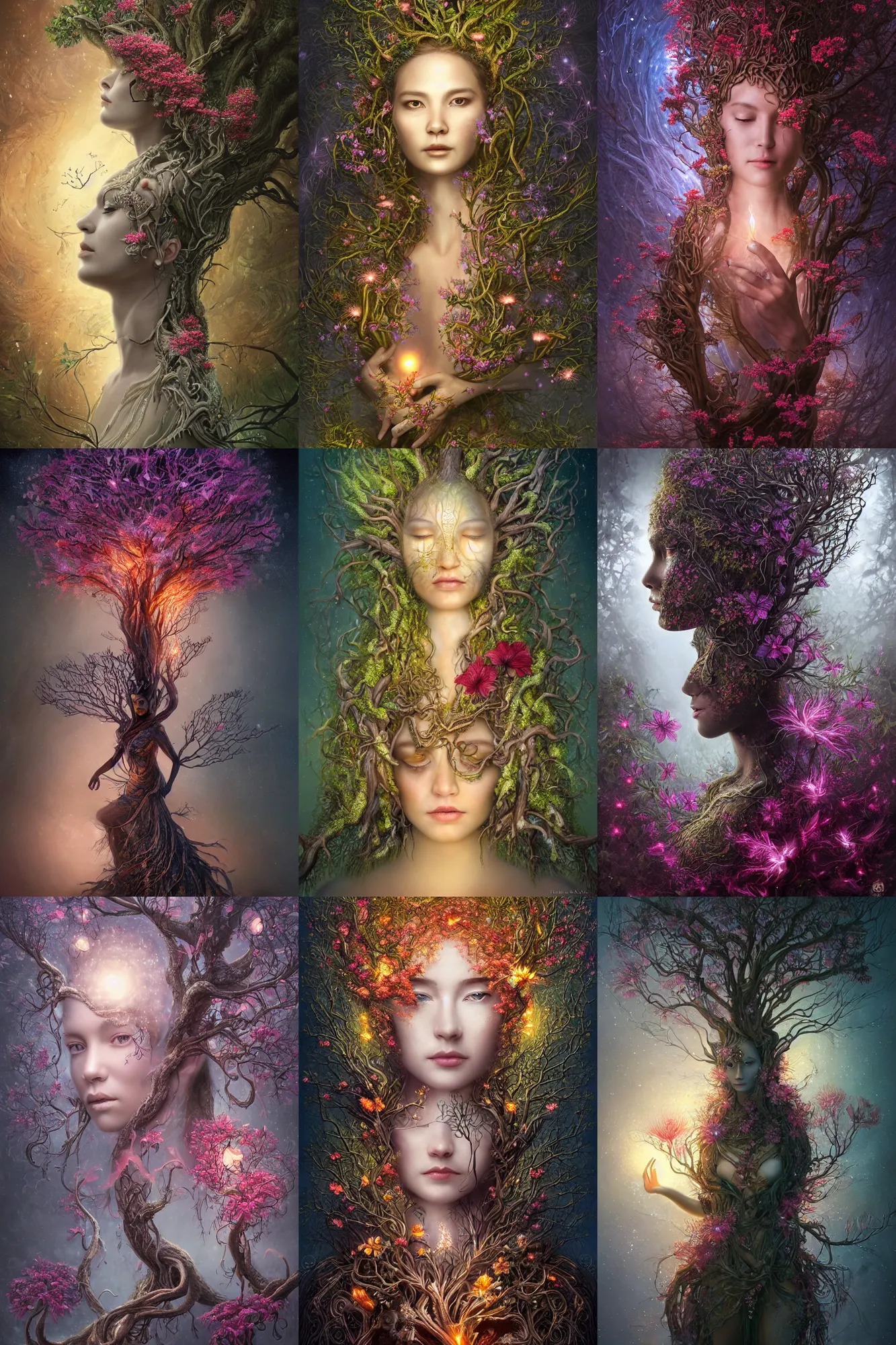 Prompt: a stunning ultra detailed fantasy fine art portrait of a tree goddess connected to sinuous barren trees, lit by glowing fireflies, surrounded by blooming hibiscus and jasmine, misty night, very detailed, sharp focus, 8 5 mm lens, soft ethereal lighting, artstation, 8 k, by tomasz alen kopera, igor morski and tom bagshaw