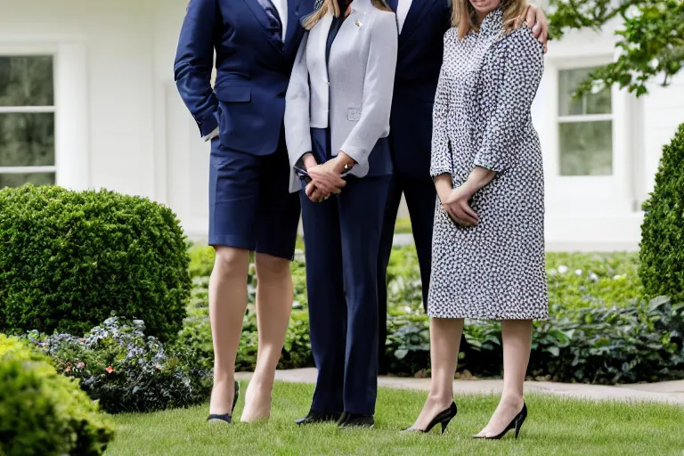 Prompt: press photo of a beautiful thirtysomething powerful white female president in a suit, being held romantically by her two younger white boyfriends in the white house rose garden, professional photo, press photo, glamorous, 8 k photorealistic, very detailed