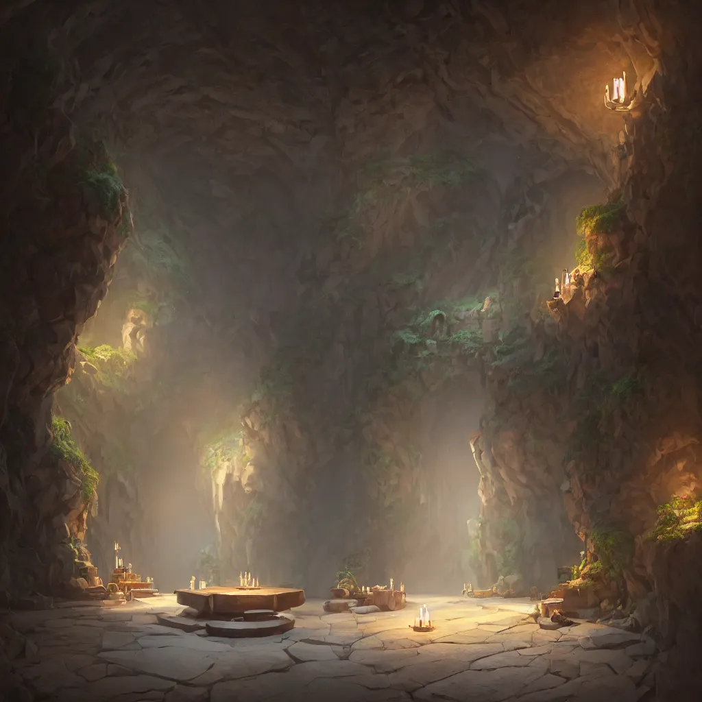 Image similar to ground floor of secret overwatch common area carved inside a cave, doors to various living quarters, magical, natural light, huge central tree, flowers, candle light, cinematic lighting, clean lines, cozy, fantasy, minimalist, clean lines, architecture, sharp focus, concept art, octane render 4 k, artstation, by greg rutkowski