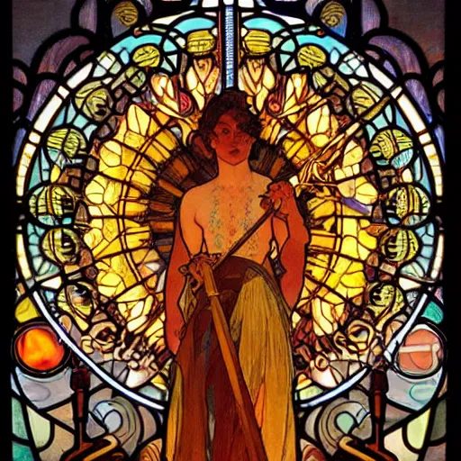 Prompt: burning man, fire flames, fire staff, fire poi, dark skin, intricate, stained glass by alphonse mucha