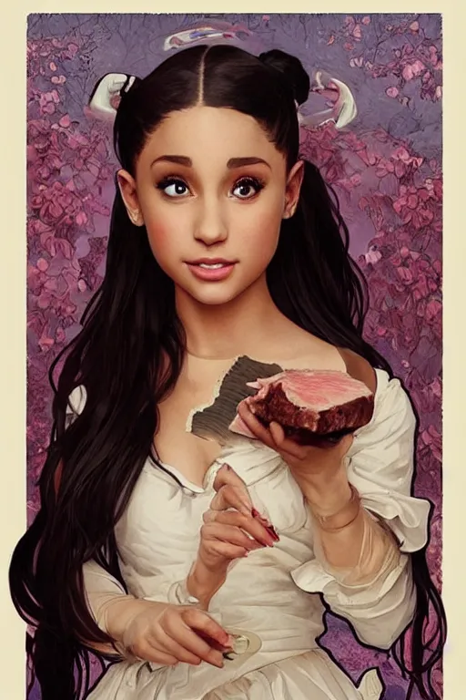 Image similar to beautiful cottagecore Ariana Grande holding a rotten chunk of meat. intricate, elegant. the background is zombies !. highly detailed, digital painting, artstation, concept art, smooth, sharp, focus, illustration. . art by artgerm and greg rutkowski and alphonse mucha