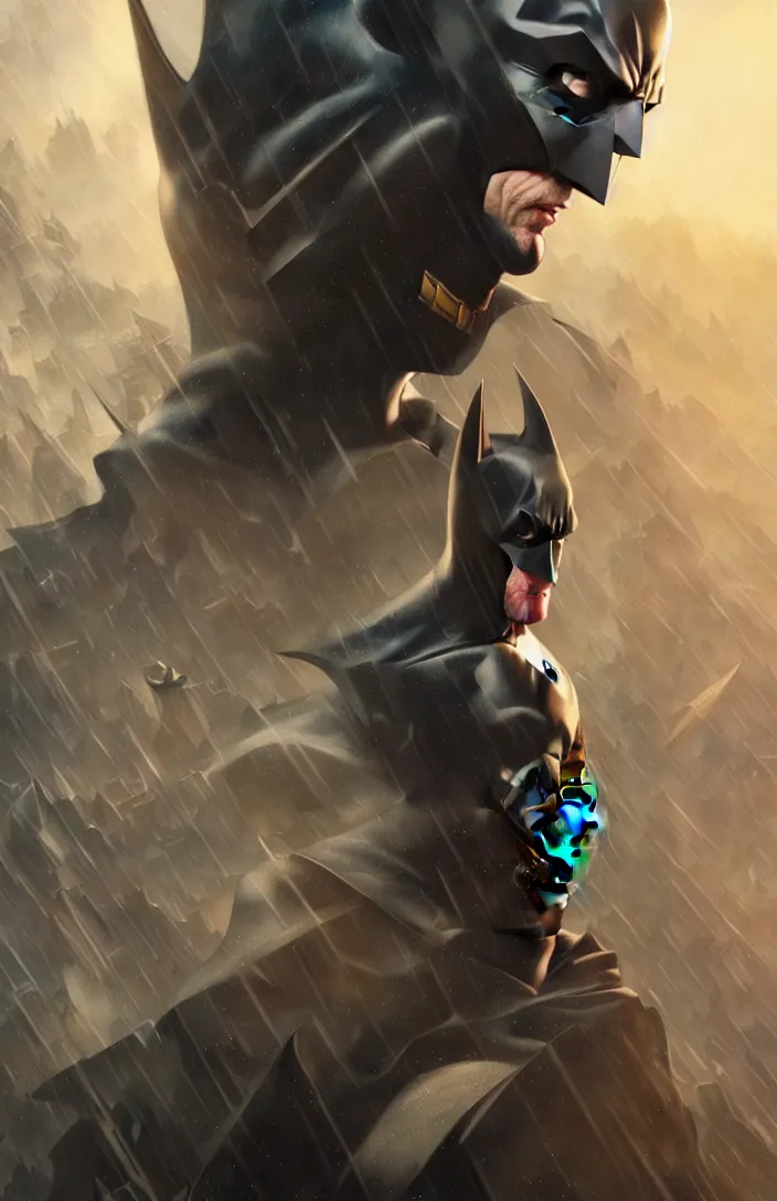 Image similar to batman standing over gotham city by karol bak, james jean, tom bagshaw, rococo, sharp focus, trending on artstation, cinematic lighting, hyper realism, octane render, 8 k, hyper detailed, vivid, ultra detailed, highly detailed