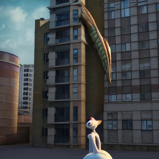 Prompt: high quality realistic render of a giant female anthropomorphic dragon; leaning against a building with an elegant pose, in the city, 3D render, 8k HD, Deviantart, Furaffinity