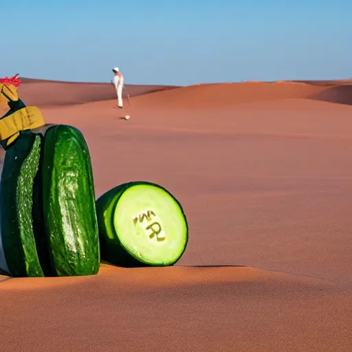 Prompt: a golfer made of cucumber in the desert of namibia, award winning photography,