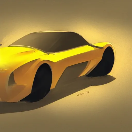 Image similar to a drawing of a yellow race car with the sun in the background, concept illustration by stefan gierowski, trending on artstation, retrofuturism, 2 d game art, concept art, matte illustration