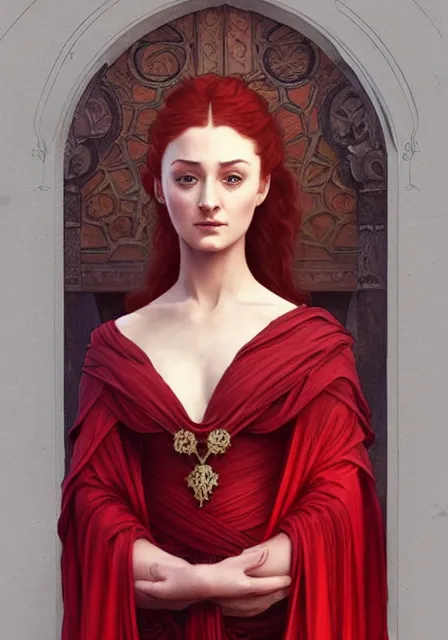 Prompt: portrait of sansa stark in red crimson, intricate, elegant, highly detailed, digital painting, artstation, concept art, smooth, sharp focus, illustration, art by artgerm and greg rutkowski and alphonse mucha and william - adolphe bouguereau