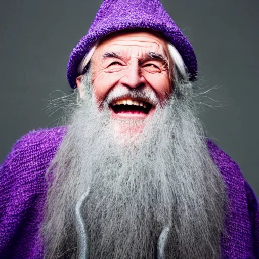 Image similar to an old bald druid wizard with bushy grey eyebrows, long grey hair and wearing a grey wizard hat, disheveled, wise old man, wearing a purple detailed coat, a bushy grey beard, sorcerer, he is a mad old man, laughing and yelling