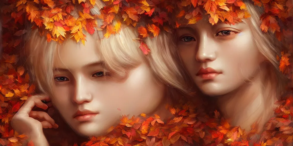 Image similar to breathtaking detailed concept art painting pattern of blonde goddesses faces blend of autumn leaves, by hsiao - ron cheng and volegov, bizarre compositions, exquisite detail, extremely moody lighting, 8 k