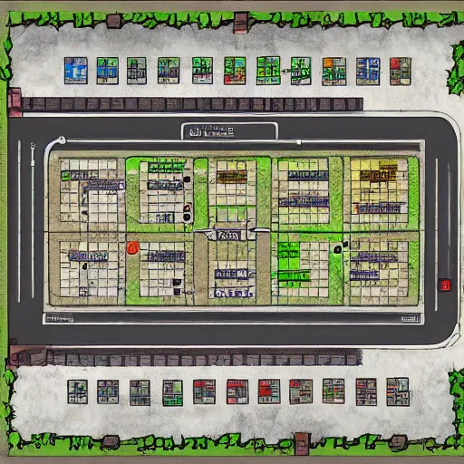 Image similar to dungeons and dragons grid battle map for an urban modern parking lot