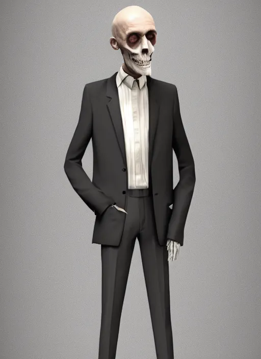 Prompt: full length portrait of skinny old man with parchment colored boney head, wearing a black high necked suit with patched elbows 8 k realistic hyper detailed artstation concept art