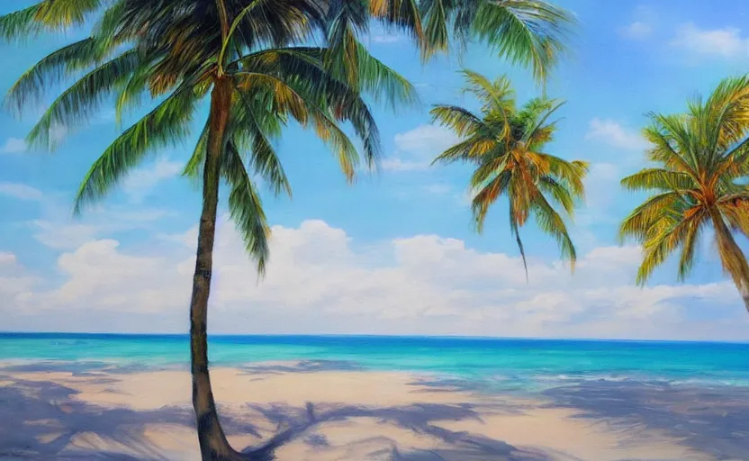 Image similar to A beautiful award winning painting of a tropical beach with palm trees and blue ocean, trending on artstation