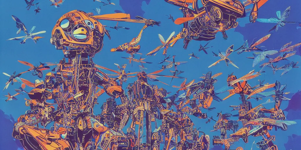 Image similar to risograph, gigantic mecha arzach birds with dragonflies, tiny rats, a lot of exotic animals around, big human faces everywhere, helicopters and tremendous birds, by satoshi kon and moebius, matte summer blue colors, surreal psychedelic design, crispy, super - detailed, a lot of tiny details, 4 k, fullshot