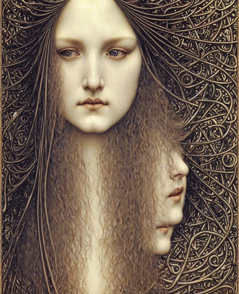 Image similar to detailed realistic beautiful young medieval queen face portrait by jean delville, gustave dore and marco mazzoni, art nouveau, symbolist, visionary, gothic, pre - raphaelite. horizontal symmetry