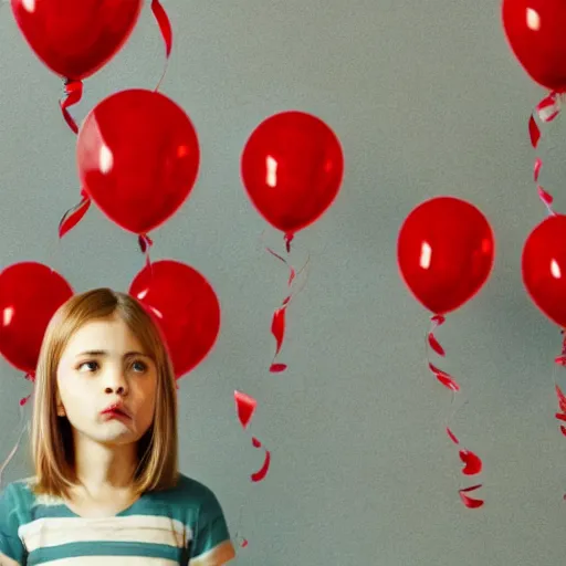 Prompt: medium shot ultra high resolution photo of a shy young girl facing the camera with a quizzical expression holding dozens of red balloons, todd solondz, rebecca guay, artstation, artgerm, octane render