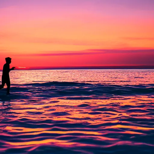 Image similar to purple sunset with a real black silhouette of a man walking on water, and high detail