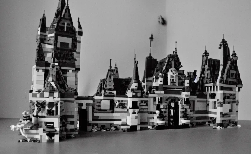 an old black and white photograph of a Lego castle Stable Diffusion