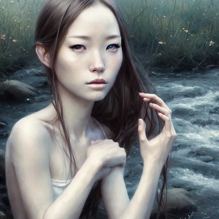 Image similar to epic cinematic portrait of a girl by the river, portrait as miho hirano, with loose white hair, shiny skin, slim figure, small details, realistic poster with three - dimensional dramatic light, artgerm, jeremy lipkin and michael garmash, unreal engine, radiant light, detailed and complex environment, digital art, trends at art station