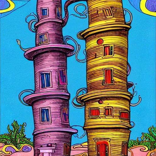 Image similar to a colorful drawing of a house with curved pillars and many floors, a storybook illustration by dr seuss, tumblr, psychedelic art, concept art, storybook illustration, whimsical