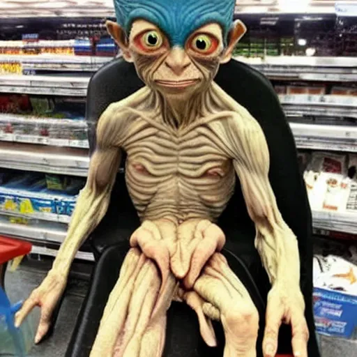 Prompt: gollum has giant chicken legs instead of his legs in a walmart