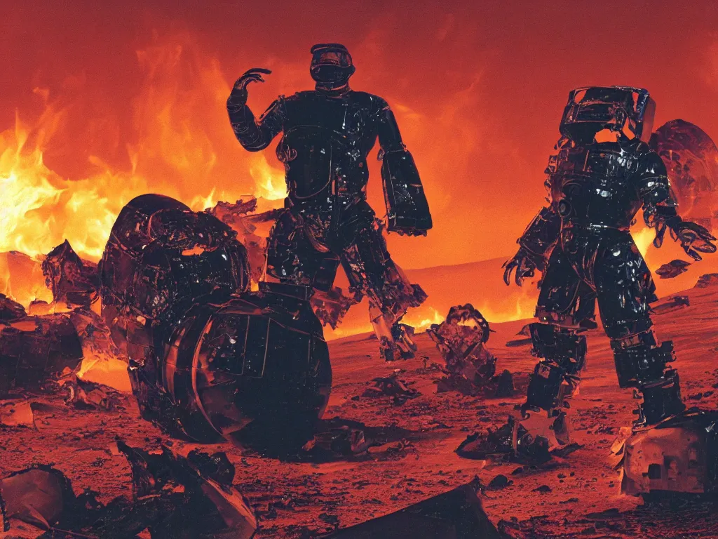 Image similar to portrait of an overweight teenager with emo haircut, wearing gothy purple and black space spandex suits, standing next to smashed burning spacecraft wreckage, on the orange surface of mars, highly detailed, dramatic lighting, photorealistic, cinematic