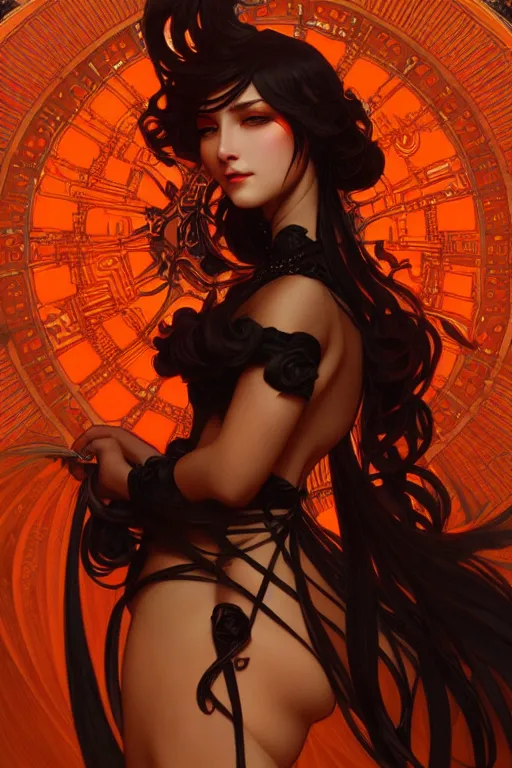 Prompt: orange black, dark fantasy, intricate, elegant, highly detailed, digital painting, artstation, concept art, matte, sharp focus, illustration, art by artgerm and alphonse mucha