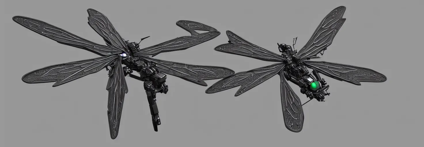 Image similar to symmetry!! a mechanized dragonfly with it's wings spread, gunmetal grey, top down view!! very symmetrical, mecha, jet fighter, space shuttle, robotic, highly detailed, artstation, super realistic, unreal engine