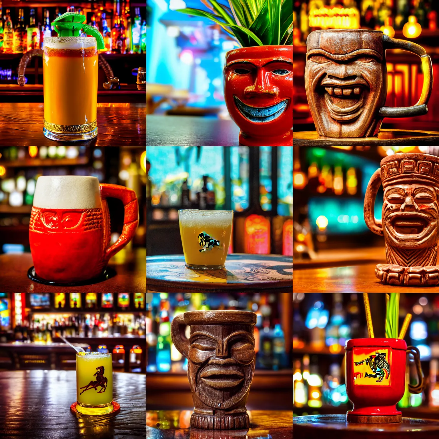 Prompt: a closeup photorealistic photograph of a ferarri style tiki mug sitting at a trader vic's bar. tiki theme. bright scene. fine detail. this 4 k hd image is trending on artstation, featured on behance, well - rendered, extra crisp, features intricate detail, epic composition and the style of unreal engine.