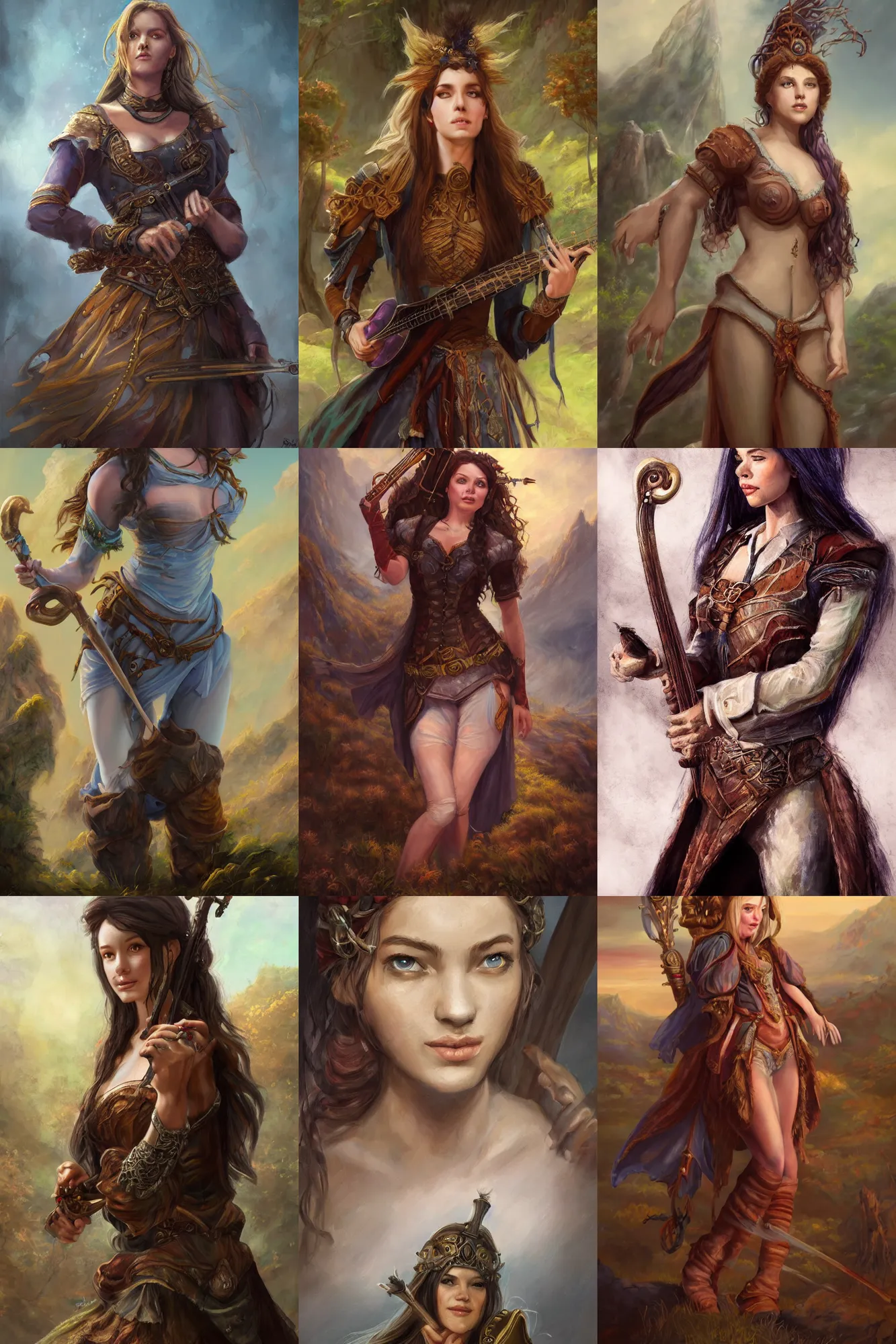 Prompt: a full body high detail fantasy portrait oil painting illustration of a single beautiful bard woman by justin sweet with face and body clearly visible, in a scenic background, pretty eyes, realistic proportions, d & d, rpg, forgotten realms, artstation trending, high quality, sombre mood, artstation trending, muted colours, entire person visible!