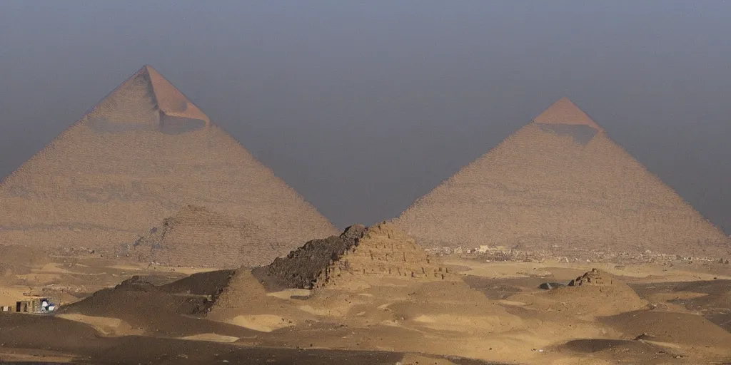 Prompt: A giant mountain in an areal shot of ancient egypt in front of the Pyramids