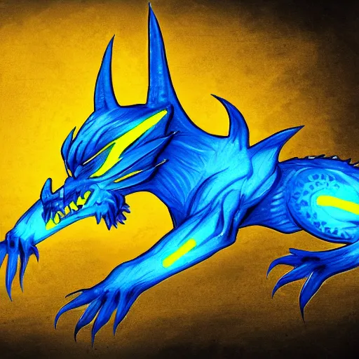 Prompt: illustration neon blue and yellow super cool dragon. trending on art station