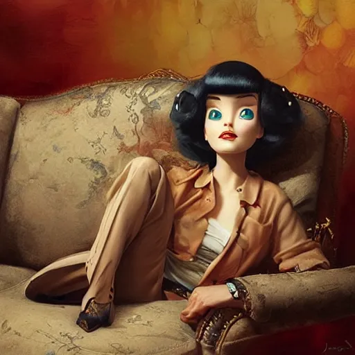 Image similar to lofi portrait on antique sofa, pixar style by Jonathan Yeo and Tom Bagshaw and Joe Fenton