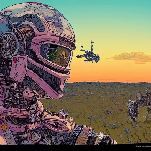 Prompt: hyper detailed comic illustration close up of a young explorer wearing a cyberpunk headpiece sitting on the head of a giant robot watching the sunset in the distance, by Josan Gonzalez and Geof Darrow, highly detailed, 8k wallpaper