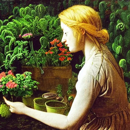 Image similar to painting by Caspar David Friedrich of a beautiful blonde woman with shoulder length hair in a forest green dress putting colorful succulents into rainbow pots at a square table