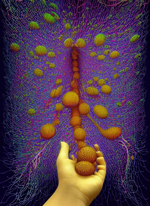 Prompt: hyper detailed 3d render like a Oil painting - Aurora (Singer) Eats of the Strangling network of yellowcake and milky Fruit and Her delicate Hands hold of gossamer polyp blossoms bring iridescent fungal flowers whose spores black the foolish stars by Jacek Yerka, Mariusz Lewandowski, Houdini algorithmic generative render, Abstract brush strokes, Masterpiece, Edward Hopper and James Gilleard, Zdzislaw Beksinski, Mark Ryden, Wolfgang Lettl, hints of Yayoi Kasuma, octane render, 8k