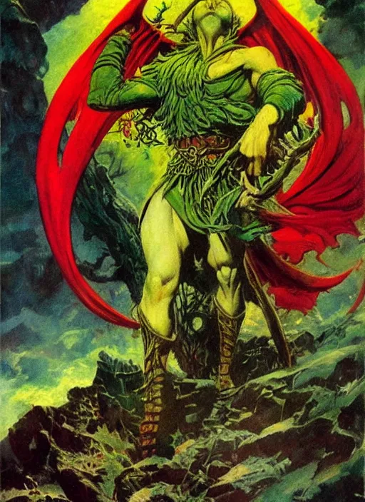 Prompt: elvenking, by frank frazetta, fey throneroom, vibrant colors, green red yellow