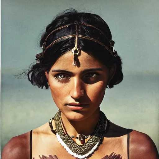 Prompt: vintage portrait of a stunningly beautiful aztec female, dark eyes, dark hair, olive skin, depth of field, zeiss lens, detailed, symmetrical, centered, fashion photoshoot, by edward s curtis, Annie Leibovitz and Steve McCurry, David Lazar, Jimmy Nelsson, Breathtaking, 8k resolution, extremely detailed, beautiful, establishing shot, artistic, hyperrealistic, beautiful face, octane render