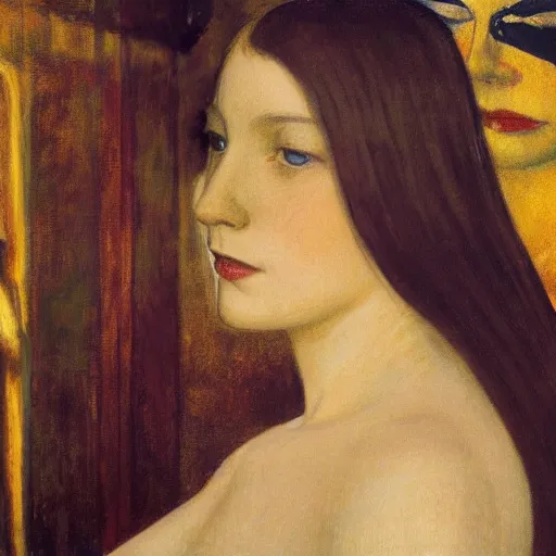 Image similar to a beautiful girl's face made of ivory and gold filigree, film still by edward hopper, by Bosch, by klimt, art noveau, highly detailed, strong lights, liminal, eerie, Bright pastel colors