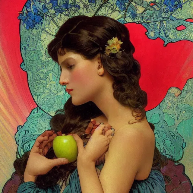 Image similar to an aesthetic! a detailed close portrai of an aesthetic woman, face covered in a transparent vale, holding an apple by frank frazetta and alphonse mucha, oil on canvas, bright colors, art nouveau, epic composition, dungeons and dragons fantacy art, hd, god - rays, ray - tracing, crisp contour - lines, huhd - 8 k