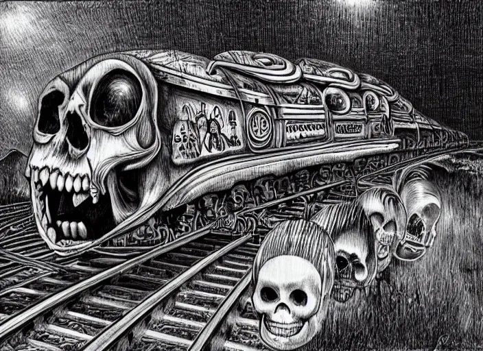 Prompt: the Laughing Skull train by H.R. Giger