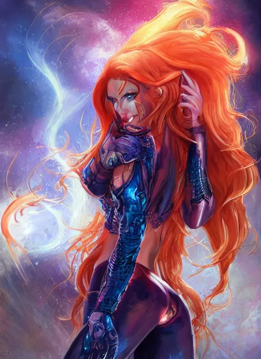 Image similar to front portrait hands behinds pose of attractive Starfire with ginger wavy hair, hands behind her pose!, Intricate overlay flames imagery , D&D!, fantasy style, sharp focus!, ultra detailed, art by Artgerm and Peter Andrew Jones, WLUP