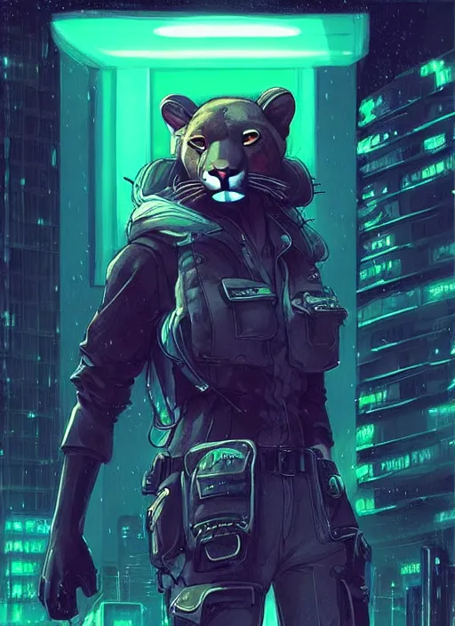 Image similar to beautiful portrait commission of a female furry anthro mountain lion wearing a bullet proof vest and cargo pants. Cyberpunk city at night in the rain. Neon light. Atmospheric. Character design by charlie bowater, ross tran, artgerm, and makoto shinkai, detailed, inked, western comic book art