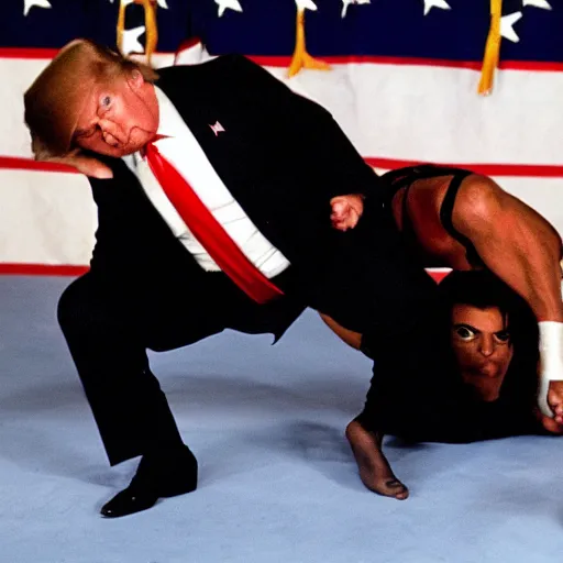 Image similar to donald trump wrestling michael jackson, war photography