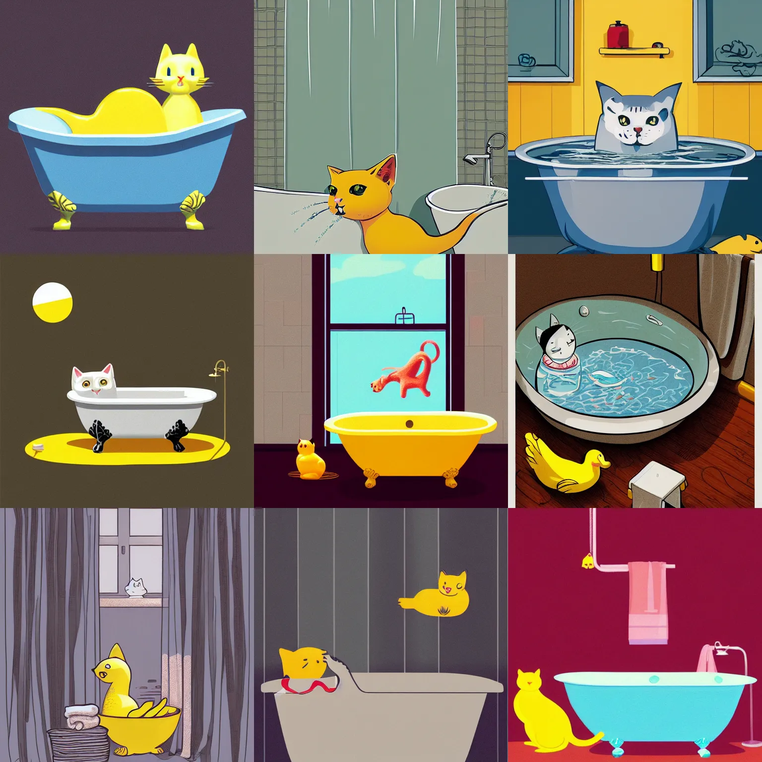 Prompt: cat having a bath, bathtub, water, soap, shower curtain, yellow rubber duck, illustration, trending on Artstation, illustration by James Jean, Ilya Kuvshinov, Loish Van Baarle, sharp, dramatic lighting