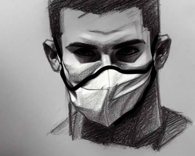 Image similar to draft drawing of a european young man covering face with fabric mask, draft sketch, trending on artstation, context art, pencil sketch, high detail