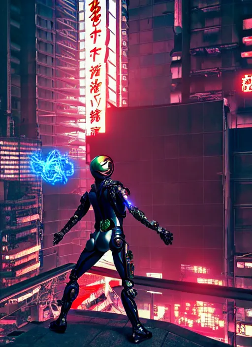 Image similar to kamen rider action pose, human structure concept art, human anatomy, full body hero, intricate detail, hyperrealistic art and illustration by irakli nadar and alexandre ferra, global illumination, on tokyo cyberpunk night rooftop, frostbite engine