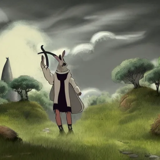 Image similar to a black and white matte painting of an anthropomorphic rat dressed in medieval clothing, renaissance, studio Ghibli, open landscape, plants