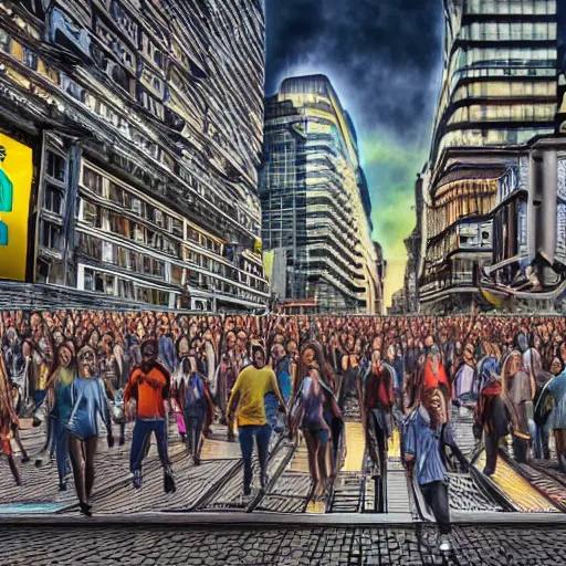 Prompt: landscape of people running away scared from crypto logos standing in the city, hyperrealism art, cointelegraph inspired design, hyperdetailed, hdr, 8 k