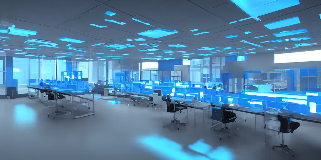 Image similar to A hi-tech laboratory with computers, consoles, test tubes with blue liquid inside, blue lamps on the ceiling, sci-fi, cinematic lightning, 8k render, ultra HD