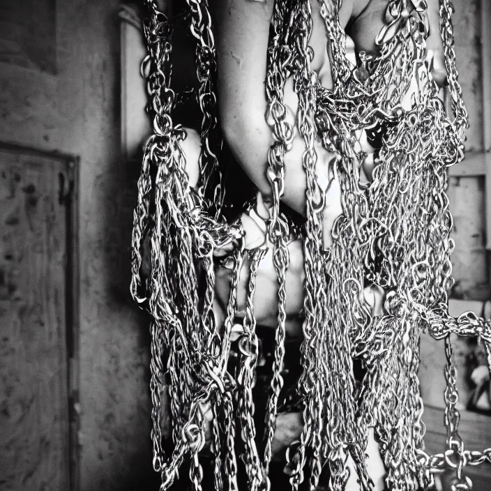 Image similar to a woman tangled up in chains, in a house, by Charlotte Grimm, CANON Eos C300, ƒ1.8, 35mm, 8K, medium-format print