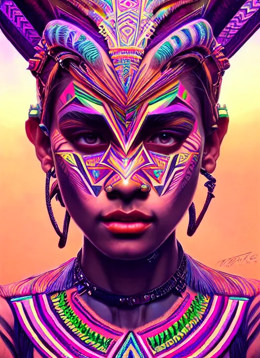 Image similar to hyper detailed ultra sharp of a beautiful tribal aztec trance girl. trending on artstation, warpaint aesthetic, earthwave, colorful, psychedelic, ornate, intricate, digital painting, concept art, smooth, sharp focus, illustration, art by artgerm and greg rutkowski and alphonse mucha, 8 k